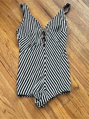 Vintage Black & White Striped One-Piece Swim Romper